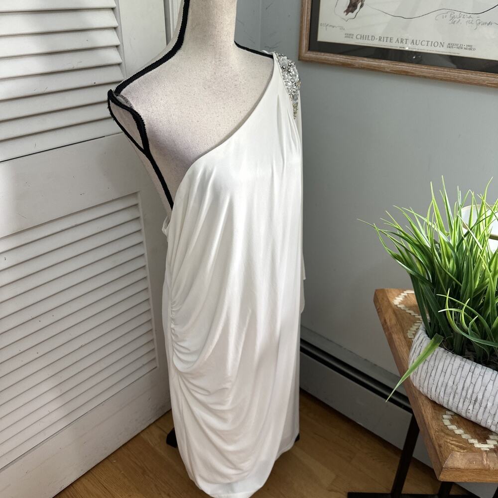 R&M Richards Dress 18W White One Shoulder Rhinestone Ruched Evening Formal Gala - Picture 3 of 10